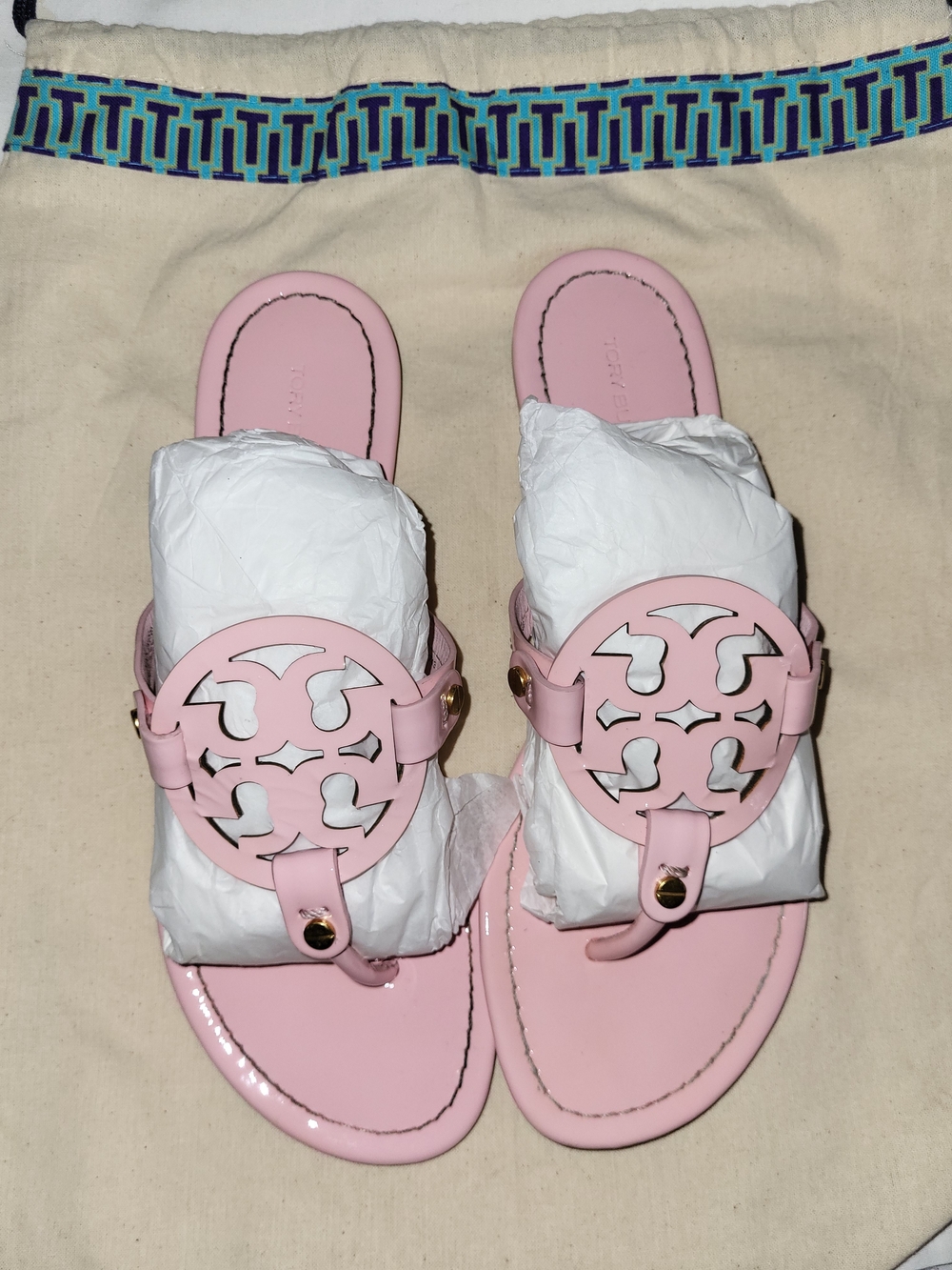 Tory Burch Pink Logo Cutout Thong Sandals with Gold Accents